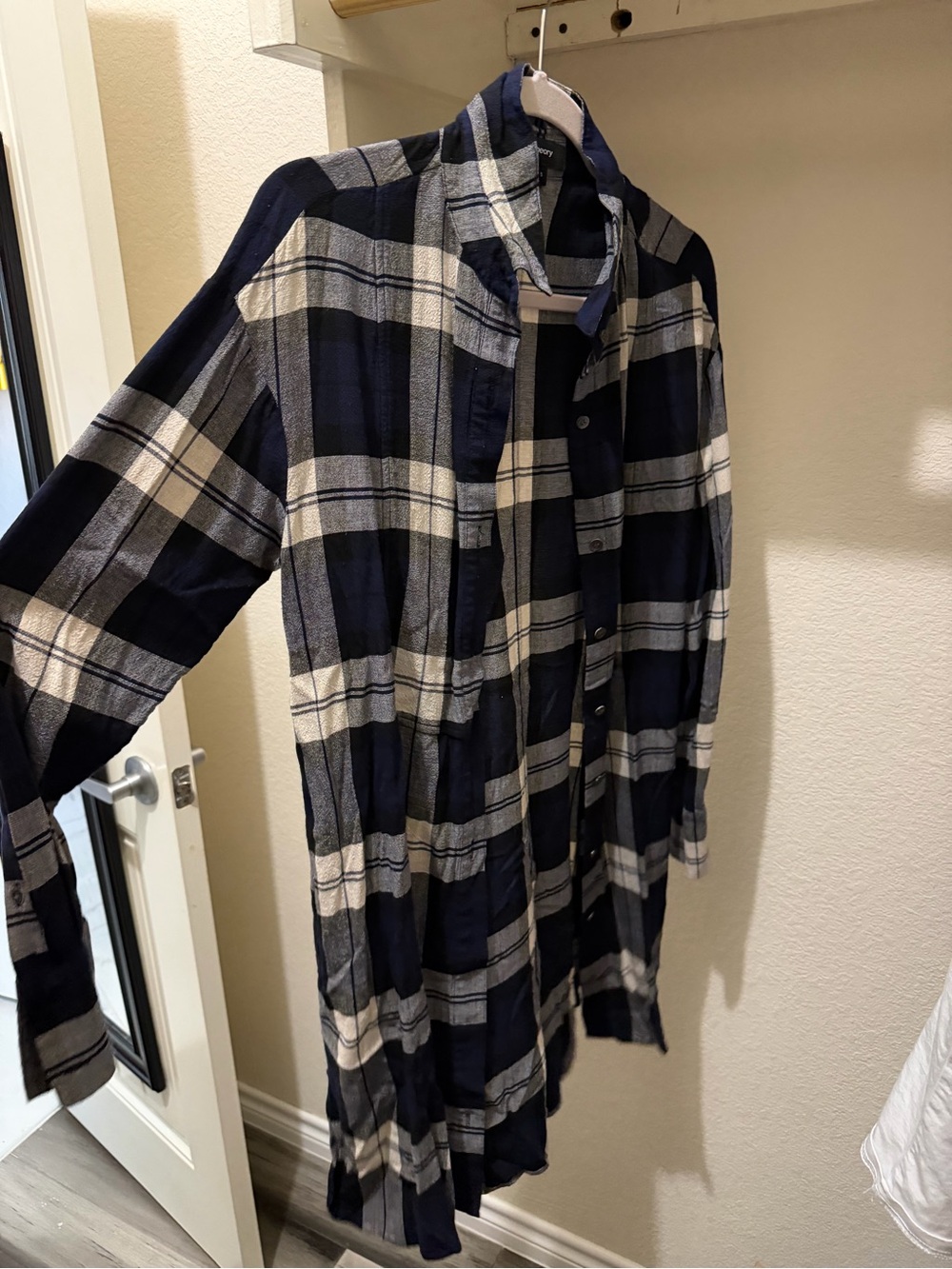 Theory Navy and White Plaid Lightweight Longline Shirt Jacket